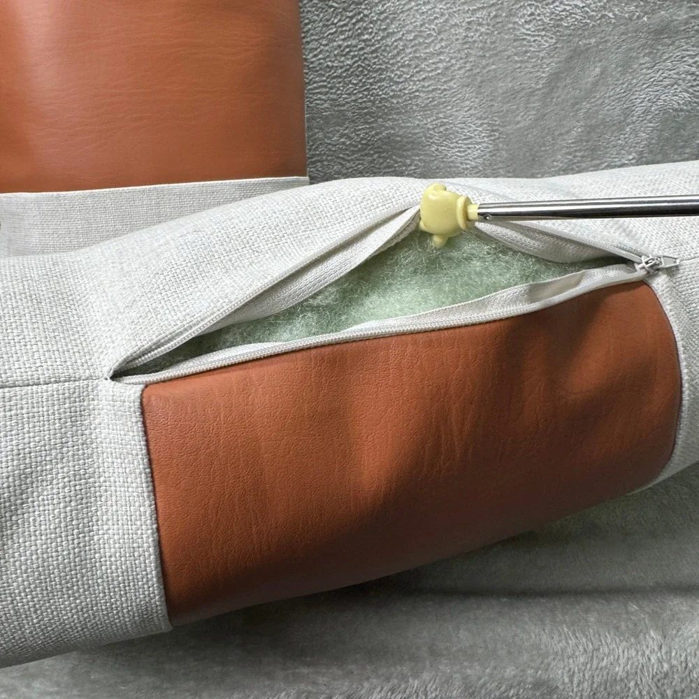 Set of 2 MCM Style Lumbar Throw Pillows Ivory Linen Faux Leather Minimalist
